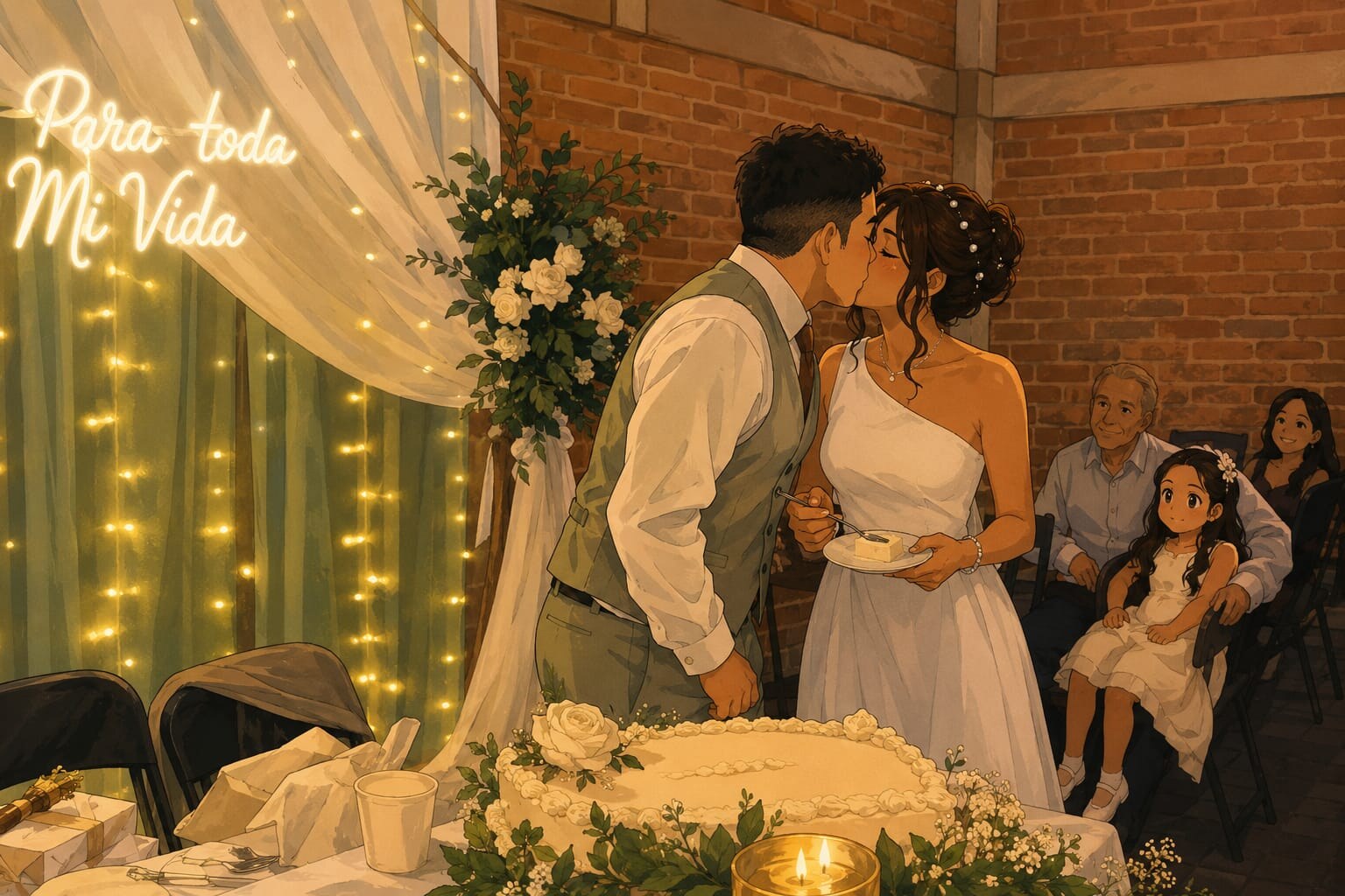 Brenda y Edgar compartiendo un beso frente al pastel