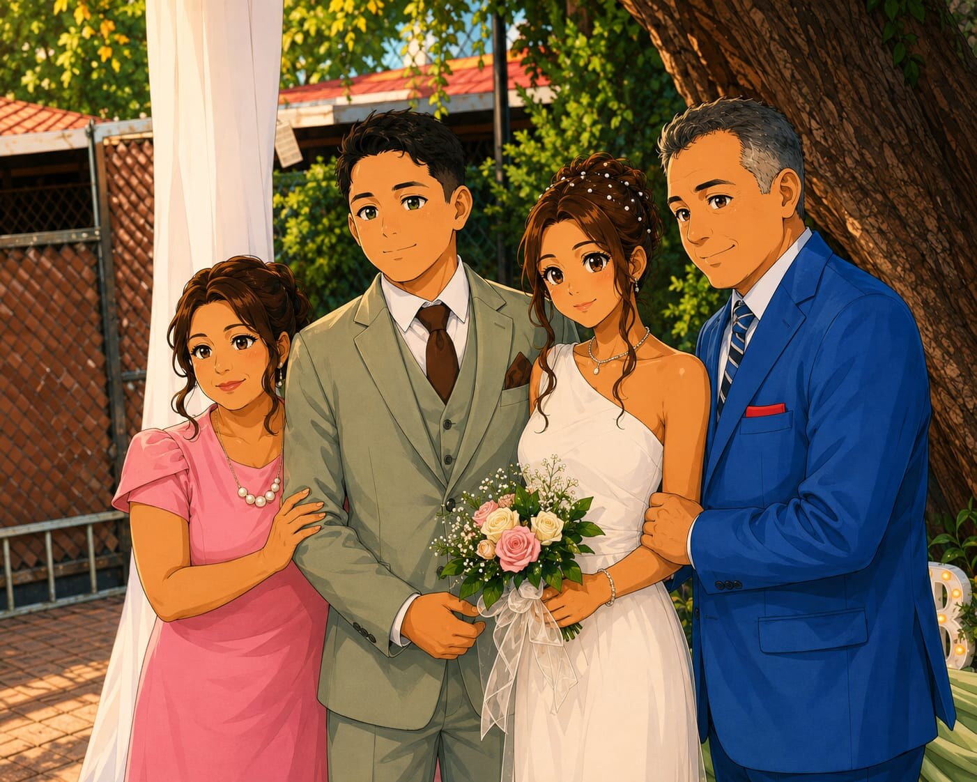 Brenda y Edgar acompañados por sus seres queridos bajo el árbol