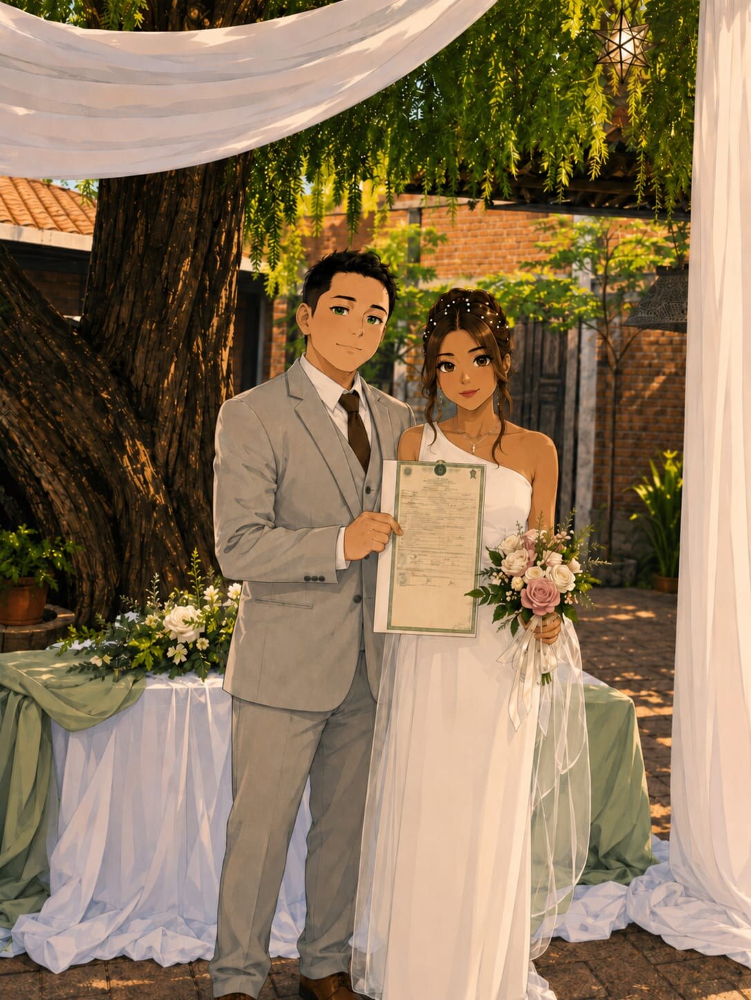 Brenda y Edgar mostrando felices su acta de matrimonio