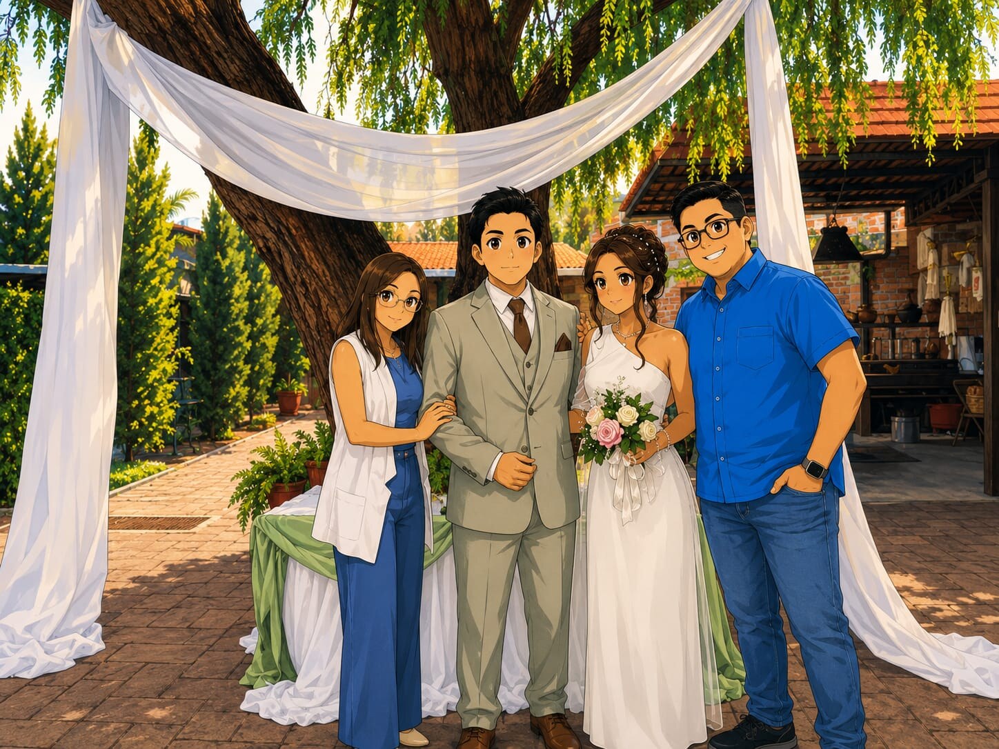 Brenda y Edgar con amigos bajo el arco de su ceremonia civil