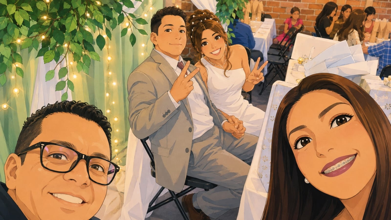 Brenda y Edgar junto a dos seres queridos durante la celebración de su boda civil